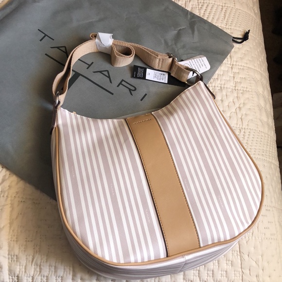 Tahari Logo Hobo sand stripe handbag including grey cover protector. - Picture 5 of 10